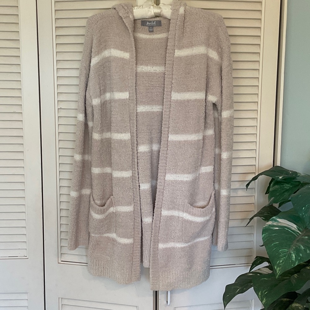 Marled by Reunited Hooded Open-Front Cardigan in Beige/Tan & White Stripe